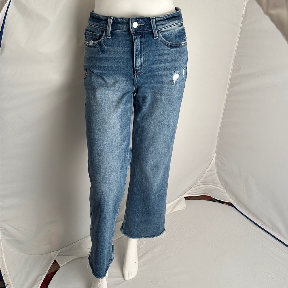 Flying Monkey high rise slim wide leg raw hem blue jeans